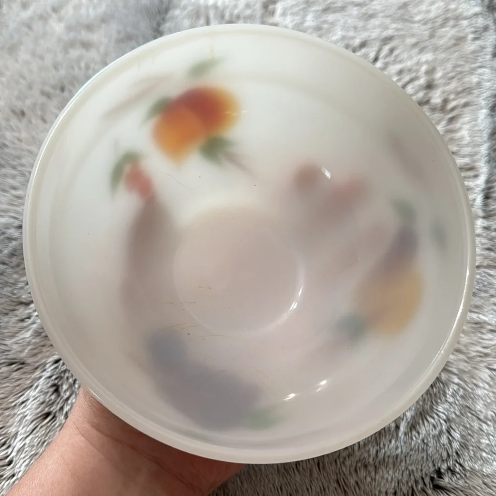 VTG Anchor Hocking Fire King Gay Fad Fruit Pattern Hand Painted White Milk Glass